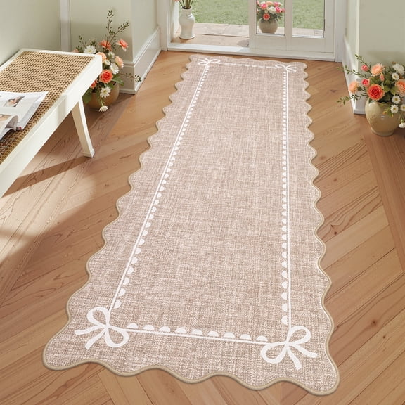 Nanan 2'x6' Scalloped Border Runner Rug, Machine Washable Bow Pattern Non-Slip Bedroom Rug for Laundry Room Hallway Kitchen, Camel