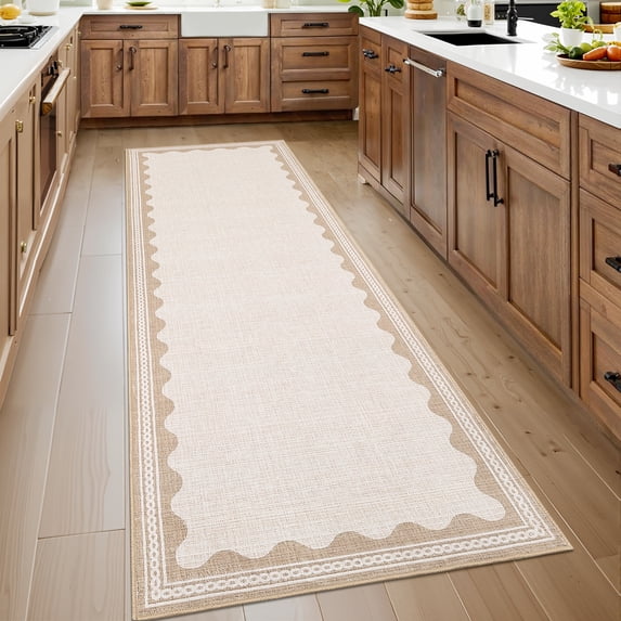Nanan 2'x6' Scalloped Runner rug Solid Minimalism Carpet, Washable Rug Non-Slip Low-Pile Indoor Mat for Hallway Bedroom Kitchen, Beige