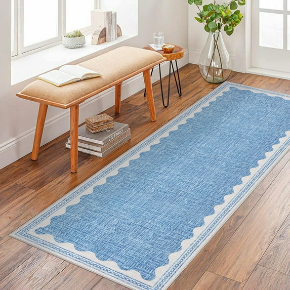 Nanan 2'x6' Scalloped Runner rug Solid Minimalism Carpet, Washable Rug Non-Slip Low-Pile Indoor Mat for Hallway Bedroom Kitchen, Blue