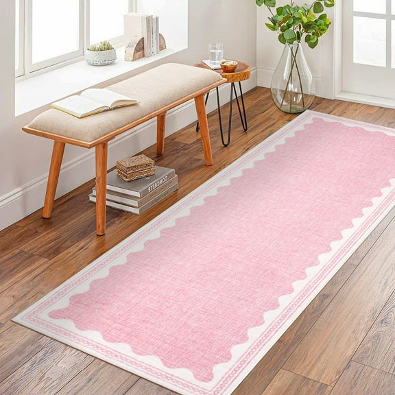 Nanan 2'x6' Scalloped Runner rug Solid Minimalism Carpet, Washable Rug Non-Slip Low-Pile Indoor Mat for Hallway Bedroom Kitchen, Pink
