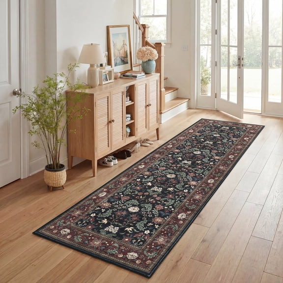 Nanan 2'x6' Vintage Floral Ornate Washable Indoor Area Rug, Stain Resistant Low Pile Traditional Carpet for Living Room Bedroom Dining Room, Brick Red