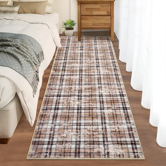 Nanan 2'x8' Modern Plaid Area Rug Farmhouse Geometric Carpet, Washable Rug Non Slip Indoor Mats for Hallway Bedroom Kitchen, Camel