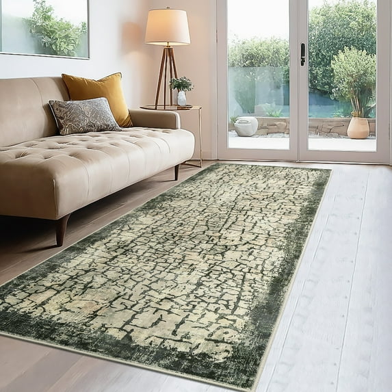 Nanan, 2x6 Area Rug, Modern Abstract Area Rug - Non-Slip, Stain Resistant Low-Pile Carpet for Living Room Bedroom Dining Room Office, Soft Durable Indoor Floor Rug, Green