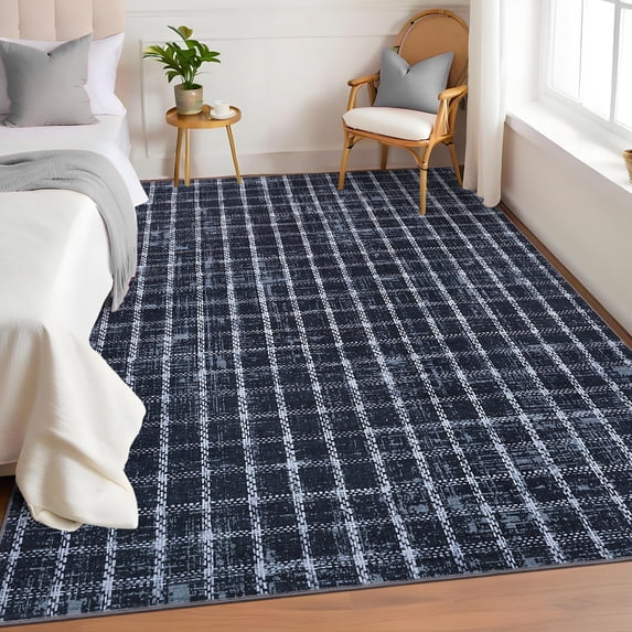 Nanan 3'x5' Modern Geometric Checkered Rug Washable Plaid Rug, Non-Slip Low Pile Carpet for Living Room Bedroom Home Office, Blue