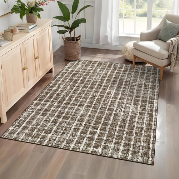 Nanan 3'x5' Modern Geometric Checkered Rug Washable Plaid Rug, Non-Slip Low Pile Carpet for Living Room Bedroom Home Office, Coffee