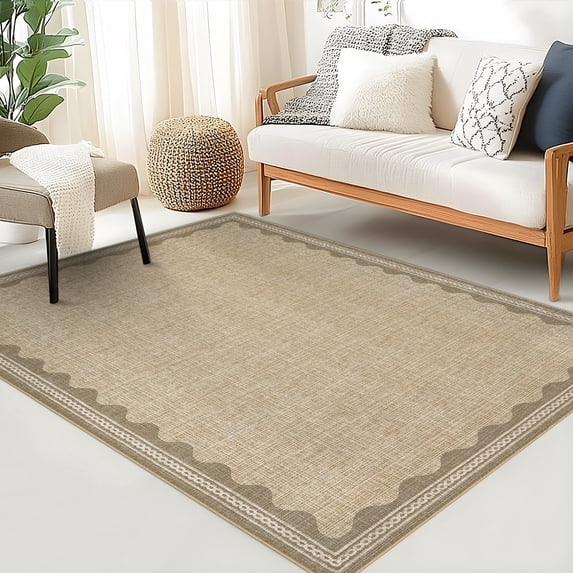 Nanan 3'x5' Scalloped Area rug Solid Minimalism Carpet, Washable Rug Non-Slip Low-Pile Indoor Mat for Living Room Bedroom Dining Room, Heather
