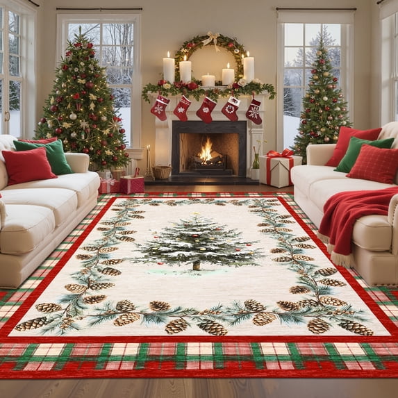Nanan 4'x6' Christmas Tree Area Rug, Machine Washable Plaid Border Low ...