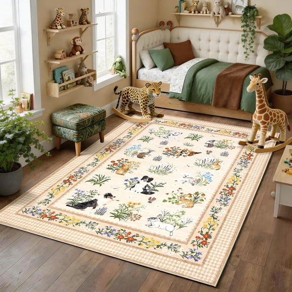 Nanan 4'x6' Washable Indoor Area Rug, Whimsical Animal Floral Print, Machine Washable Low Pile Carpet for Living Room Bedroom Nursery, Beige