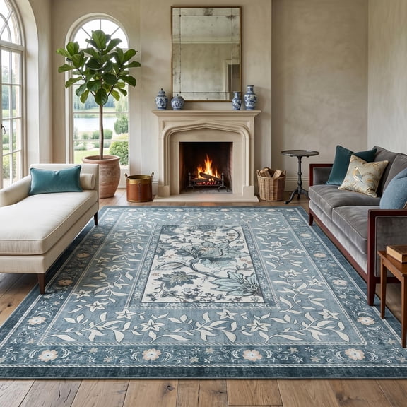 Nanan 4'x6' Washable Provence Area Rug Vintage Botanical Floral Rug Low-Pile Non-Shedding Rug for Dining Room Home Office, Blue