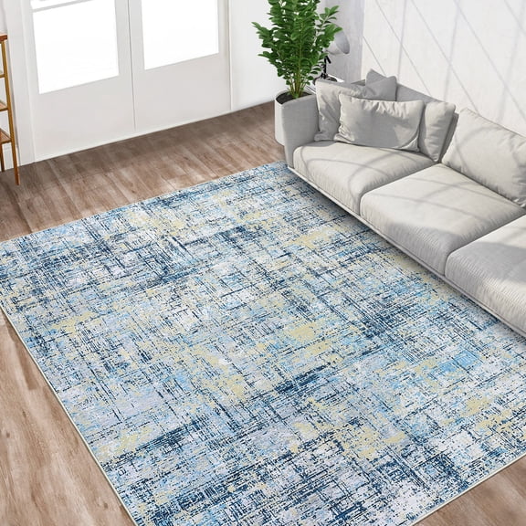 Nanan, 4x6 Area Rug, Washable Abstract Floor Rug for High Traffic Areas, Non-Slip Stain Resistant Low-Pile Indoor Mat for Living Room Bedroom Kitchen, Blue Yellow
