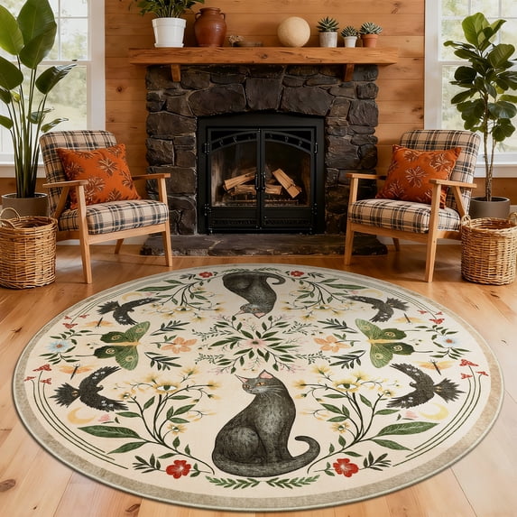 Nanan 5' Round Area Rug, Washable Cat Botanical Non Slip Stain-resistant Rugs for Dorm Apartment, Soft Foldable Carpet, Beige