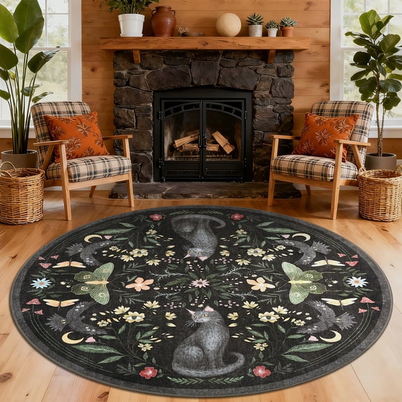 Nanan 5' Round Area Rug, Washable Cat Botanical Non Slip Stain-resistant Rugs for Dorm Apartment, Soft Foldable Carpet, Black