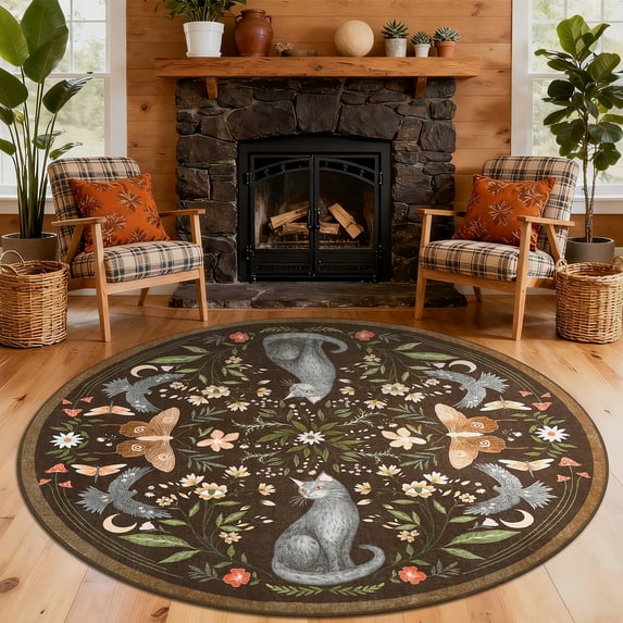 Nanan 5' Round Area Rug, Washable Cat Botanical Non Slip Stain-resistant Rugs for Dorm Apartment, Soft Foldable Carpet, Brown