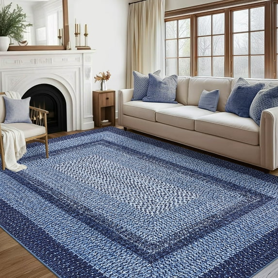 Nanan 5'x7' Braided Print Area Rug Non Slip Farmhouse Carpet, Washable Rug Non Shedding Stain Resistant Indoor Mats for Living Room Bedroom Nursery Office, Navy Blue