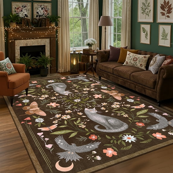 Nanan 5'x7' Cat Area Rug, Washable Non Slip Stain-resistant Rugs for Dining Room Home Office, Soft Foldable Carpet, Brown