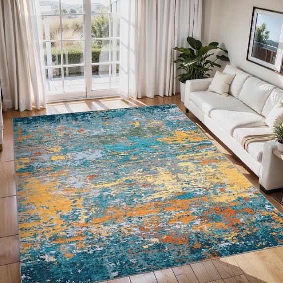 Nanan 5'x7' Modern Abstract Area Rug Washable Rug, Non Slip Low Pile Rug Indoor Carpet for Living Room Bedroom Dining Farmhouse, Gold Blue