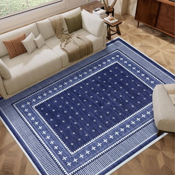 Nanan 5'x7' Modern Bordered Area Rug Geometric Carpet, Washable Stain-Resistant Non-Slip Rug for Living Room Bedroom Home Office, Blue