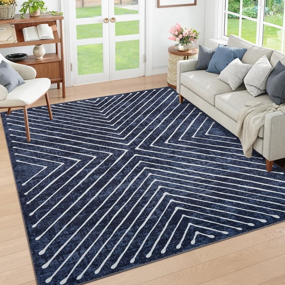 Nanan 5'x7' Modern Geometric Striped Area Rug Soft Washable Rug, Non Slip Low Pile Indoor Carpet for Living Room Bedroom Home Decor, Blue