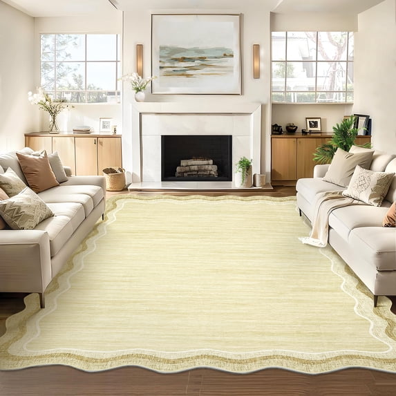 Nanan 5'x7' Scalloped Area Rug Modern Abstract Rug, Washable Rug Non Slip Solid Indoor Carpet for Living Room Bedroom Playroom, Beige