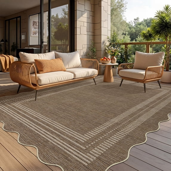 Nanan 5'x7' Scalloped Jute Area Rug Natural Solid Rug, Farmhouse Washable Rug Non-Slip Indoor Carpet for Living Room Bedroom Home Office, Brown