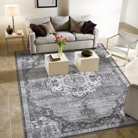 Nanan 5'x7' Vintage Outdoor Rug,Medal Pattern Waterproof UV Resistant Retro Area Carpet, Foldable Reversible Non Slip Design For Patio Garden Balcony Backyard Decor, Grey