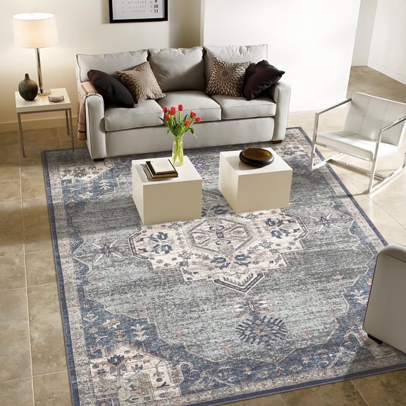 Nanan 5'x7' Vintage Outdoor Rug,Medal Pattern Waterproof UV Resistant Retro Area Carpet, Foldable Reversible Non Slip Design For Patio Garden Balcony Backyard Decor, Grey Blue