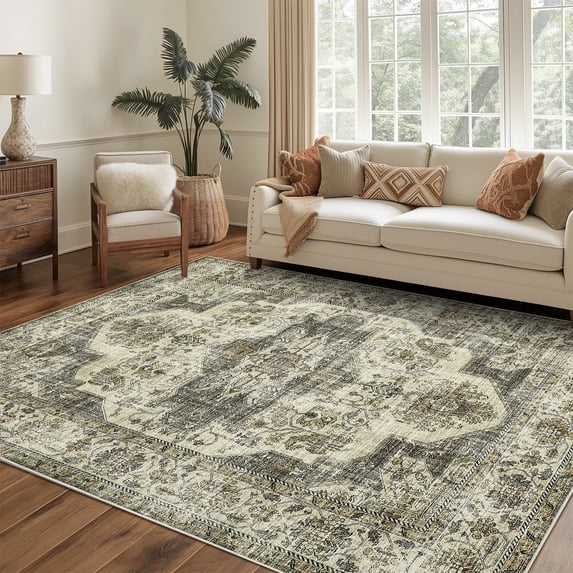Nanan, 5'x7' Vintage Outdoor Rug, Vintage Medallion Pattern Non-Slip Area Rug, Washable Stain Resistant Traditional Retro Floor Carpet for Living Room Bedroom Farmhouse Decor, Dark Brown