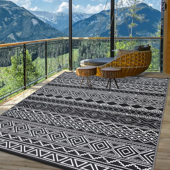 Nanan 5x8 Outdoor Plastic Rug,Portable Plastic Outdoor Rug, Waterproof & UV Resistant, Non-Slip, Easy to Clean for Camping, Patio, Garden, Beach, Picnic, Black White