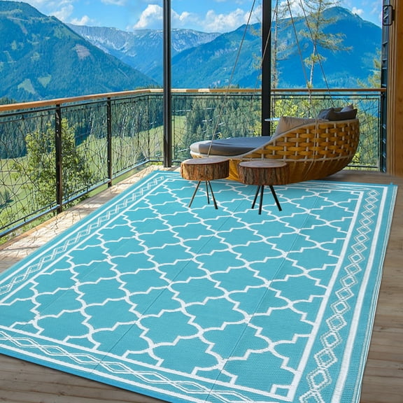 Nanan 5x8 Outdoor Rug,Lightweight Reversible Outdoor Rug, Trellis Pattern with Decorative Diamond Border, Weather Resistant Easy Clean for Garden, Balcony, Poolside, Picnic, Light Blue White