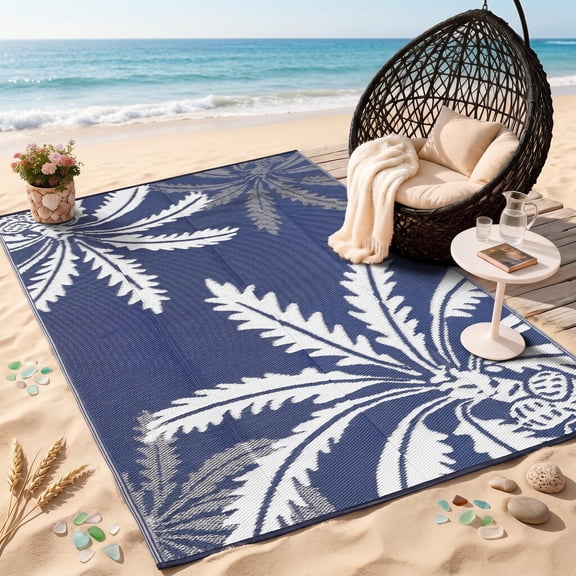 Nanan 5x8 Waterproof Outdoor Patio Rug with Fixed string, Foldable Weather Resistant Floor Mat for Deck Balcony Backyard, Dark Blue/White