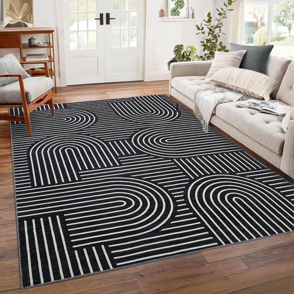 Nanan 6'x9' Modern Arch Line Geometric Area Rug, Machine Washable Low Pile Non-Slip Indoor Rug for Home Office, Game Room, Black