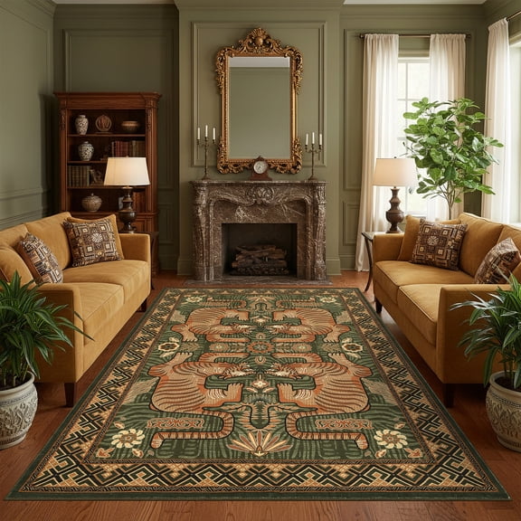 Nanan 6'x9' Washable Tiger Area Rug, Non-Slip Geometric Border Rug for Living Room Bedroom Dining Room, Green
