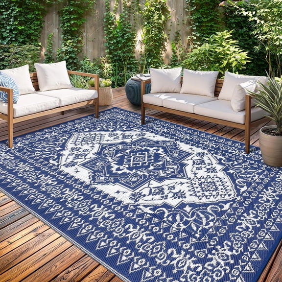 Nanan 8×10 Outdoor Persian Plastic Rug, Weather Resistant Reversible Patio Rug, Non-Slip Waterproof Outdoor Carpet for Patio, Deck, Balcony, Poolside, Camping, Dark Blue