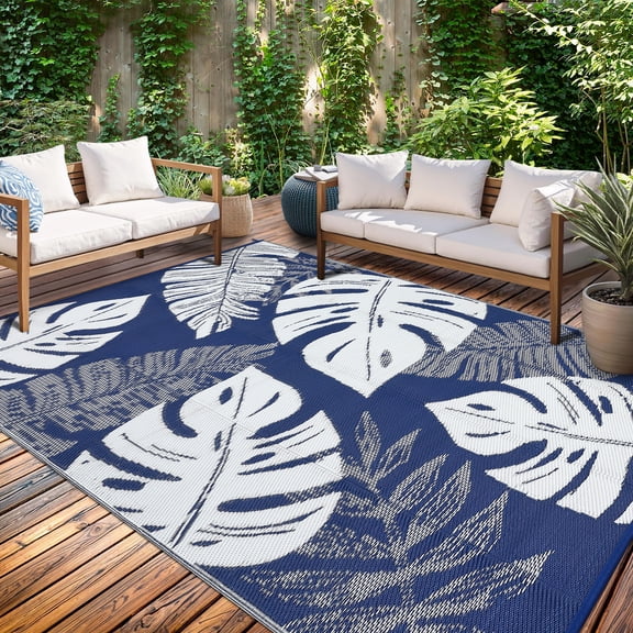 Nanan 8×10 Outdoor Plastic Rug, All-Weather Plastic Outdoor rug, Fixing Ropes Design, Waterproof, UV Protection and Easy Maintenance for Patio, Garden, RV, Campsite, Dark Blue & White