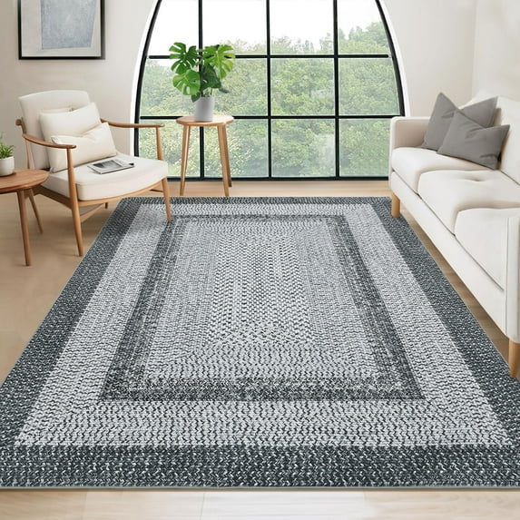Nanan 8'x10' Braided Print Area Rug Non Slip Farmhouse Carpet, Washable Rug Non Shedding Stain Resistant Indoor Mats for Living Room Bedroom Nursery Office, Gray