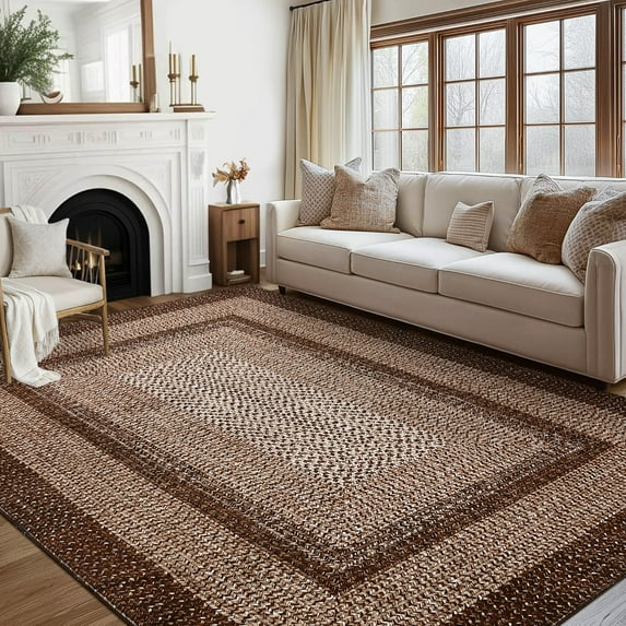 Nanan 8'x10' Braided Print Area Rug Non Slip Farmhouse Carpet, Washable Rug Non Shedding Stain Resistant Indoor Mats for Living Room Bedroom Nursery Office, Brown