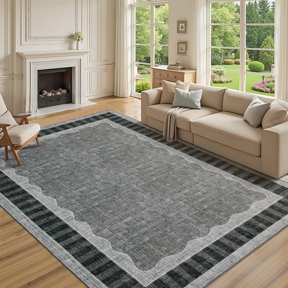 Nanan 8'x10' Machine Washable Area Rug Classic Solid Striped Wavy Border Non-Slip Indoor Floor Carpet for Living Room Bedroom Entryway, Black Grey
