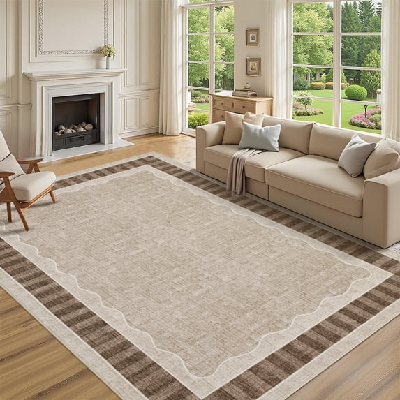 Nanan 8'x10' Machine Washable Area Rug Classic Solid Striped Wavy Border Non-Slip Indoor Floor Carpet for Living Room Bedroom Entryway, Brown