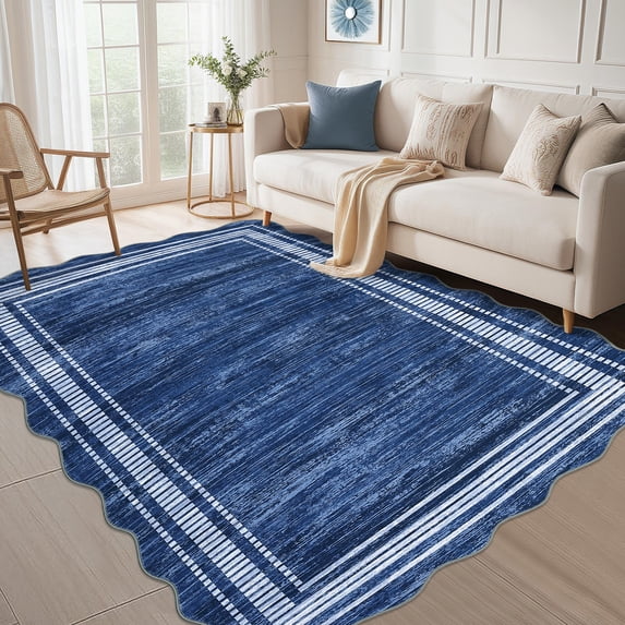 Nanan 8'x10' Modern Scalloped Print Area Rug Soft Solid Color Carpet, Washable Non Slip Indoor Floor Mats for Living Room Bedroom Home Office, Navy Blue