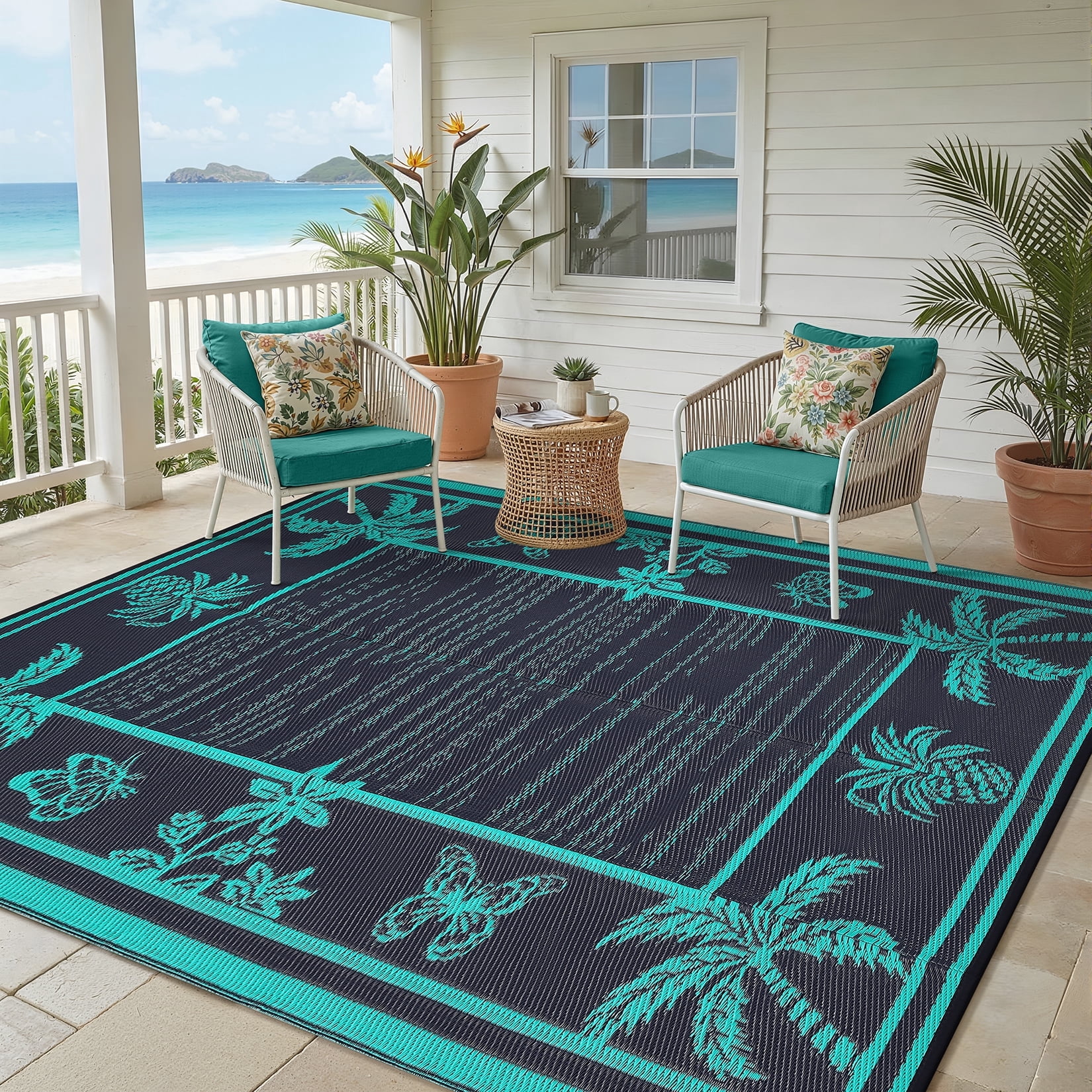 Nanan 8'x10' Outdoor Patio Rug, Waterproof Reversible Camping Rug, Portable Foldable Floor Cover for Picnic, Beach, Deck, Backyard, Dark Blue Green Black