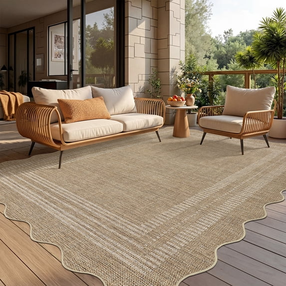 Nanan 8'x10' Scalloped Jute Area Rug Natural Solid Rug, Farmhouse Washable Rug Non-Slip Indoor Carpet for Living Room Bedroom Home Office, Linen