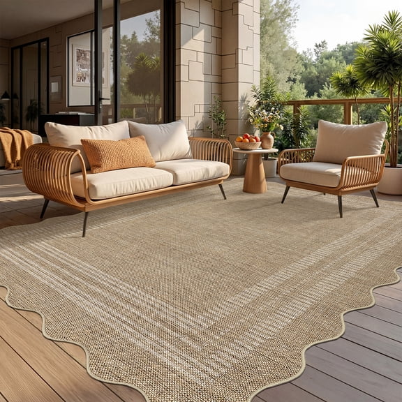 Nanan 8'x10' Scalloped Jute Area Rug Natural Solid Rug, Farmhouse Washable Rug Non-Slip Indoor Carpet for Living Room Bedroom Home Office, Linen