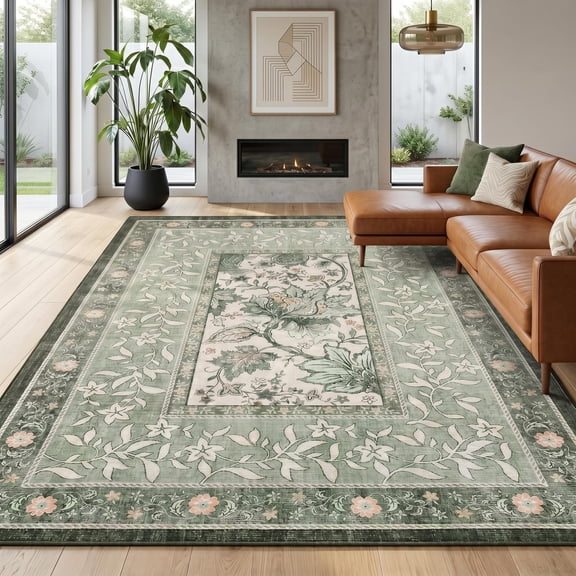 Nanan 8'x10' Vintage Area Rug Washable Traditional Block Print Rug Retro Floral Print Low-Pile Non-Slip Rug for Living Room Bedroom, Green