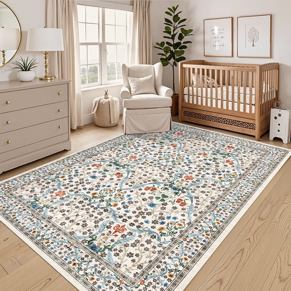 Nanan 8'x10' Vintage Floral Printed Area Rug Machine Washable Botanical Rug, Non Slip Non Shedding Rug for Living Room Bedroom Playroom, Beige