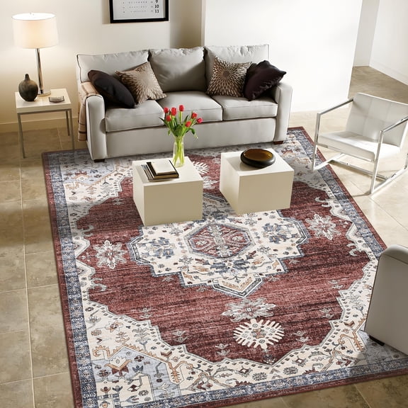 Nanan 8'x10' Vintage Outdoor Rug，Medal Pattern Waterproof UV Resistant Retro Area Carpet, Foldable Reversible Non Slip Design For Patio Garden Balcony Backyard Decor, Beige Red