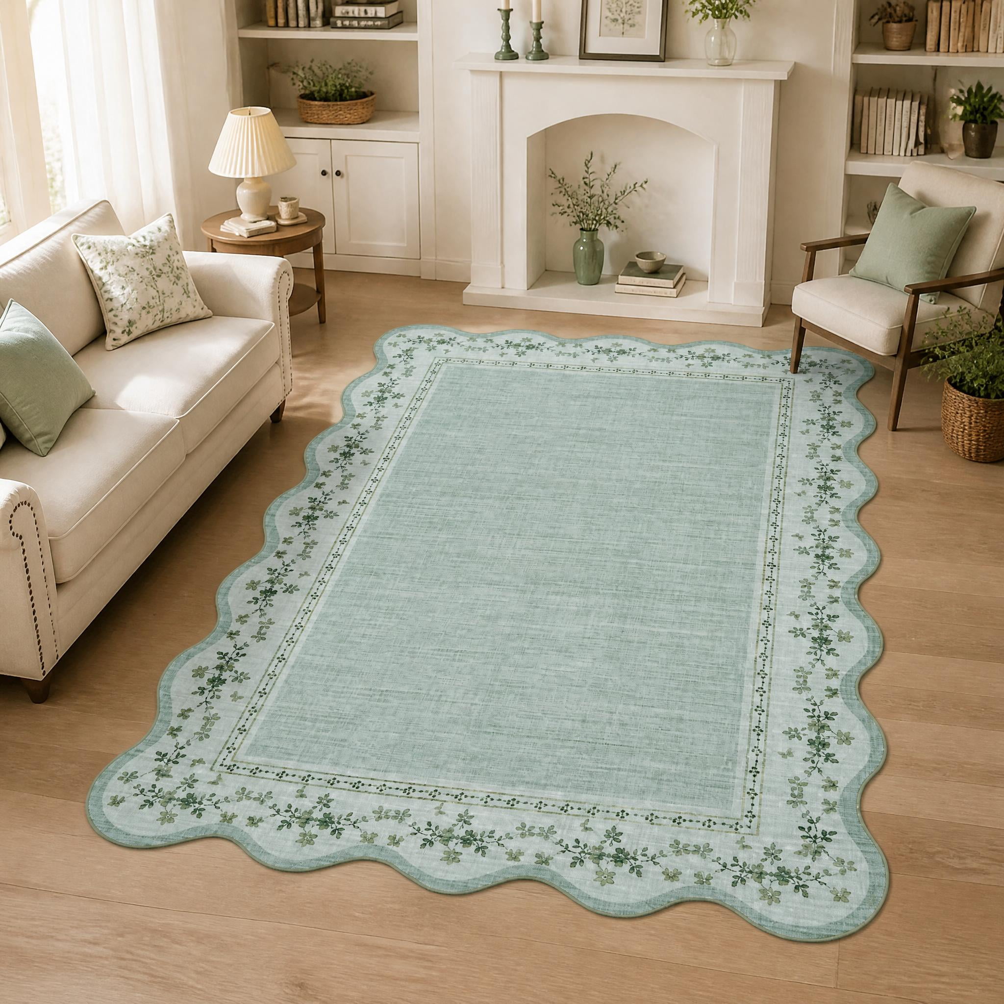 Nanan 8'x10' Washable Area Rug, Scalloped Floral Border Low Pile Rug ...