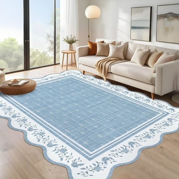 Nanan 8'x10' Washable Area Rugs for Living Room Bedroom Scalloped Floral Rug Soft Non Slip Low Pile Indoor Accent Rug, Blue