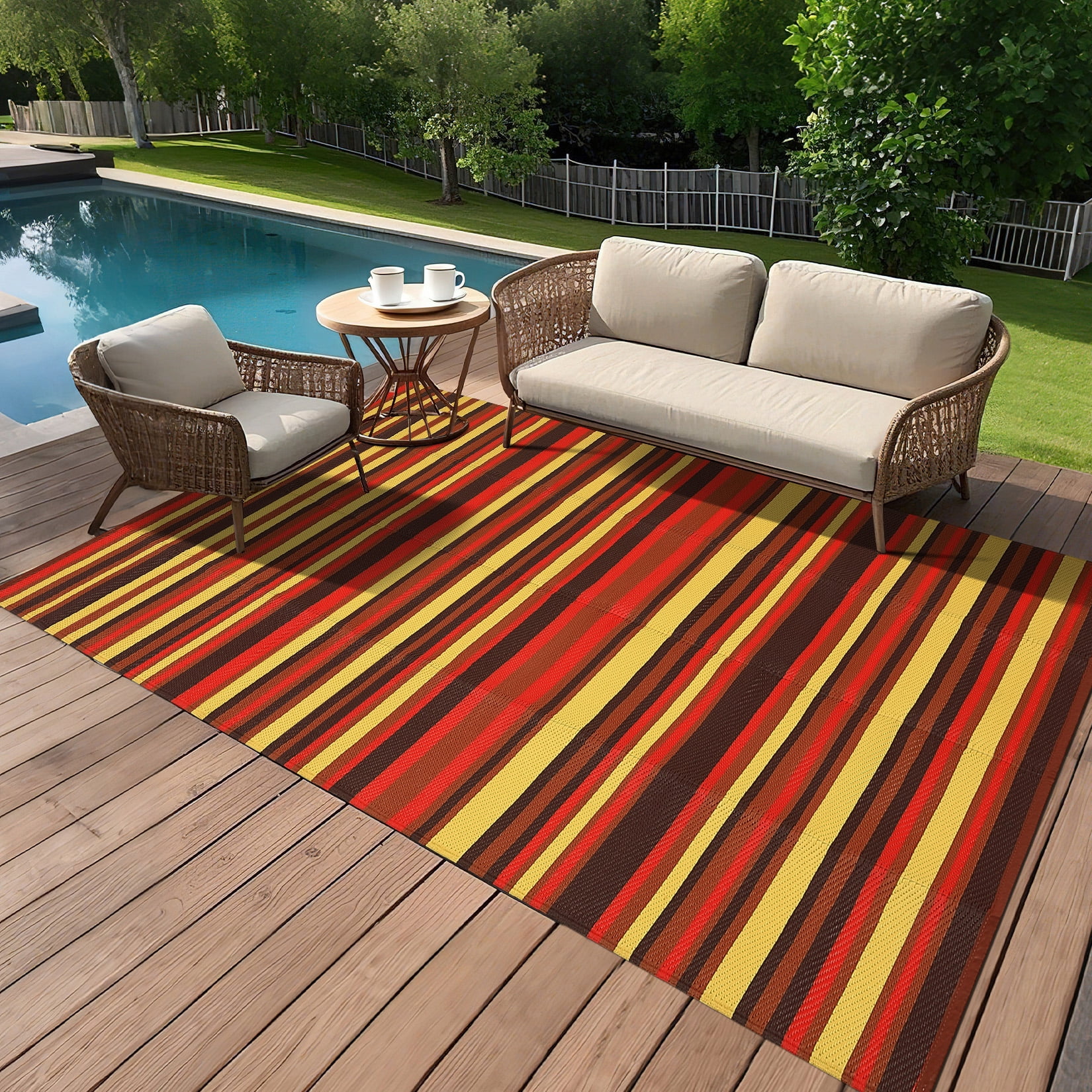 Nanan 8x10 Outdoor Patio Rug, Reversible Waterproof Plastic Straw Patio Rug, Modern Striped RV Camping Mat for Deck, Yard, Garden, Balcony, Poolside, Red/Multi