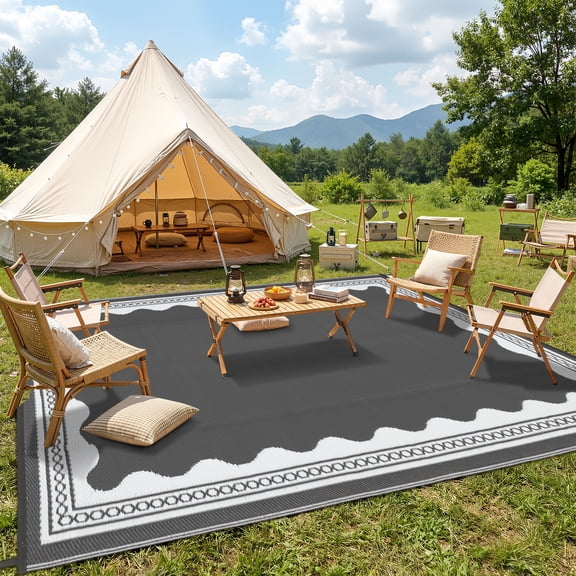 Nanan 8x10 Outdoor Rug, Waterproof Plastic PP Tube Patio Rug, Camping Rug for Deck, Yard, Garden, Balcony, Poolside, Gray White