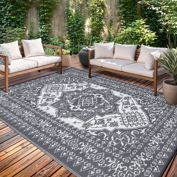 Nanan Reversible Outdoor Plastic Rug, Weatherproof Waterproof Non-Slip Patio Carpet for Deck, Balcony, Poolside & Camping, GreyNanan 9'x12' Reversible